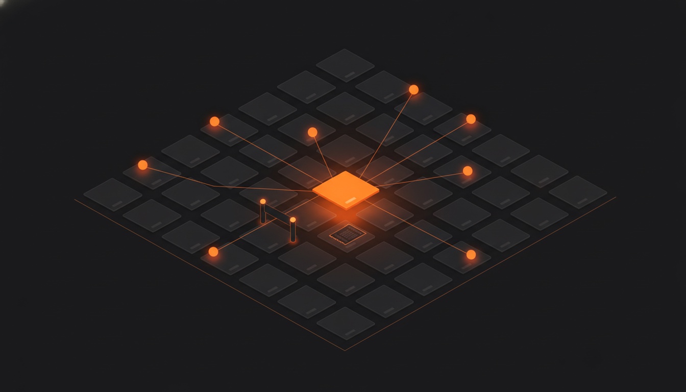 A dark isometric grid of file cards; seven glowing orange agent orbs send threads across the grid that all converge on one floating card lit up in brand orange, passing through a small gate with a receipt slip underneath it.