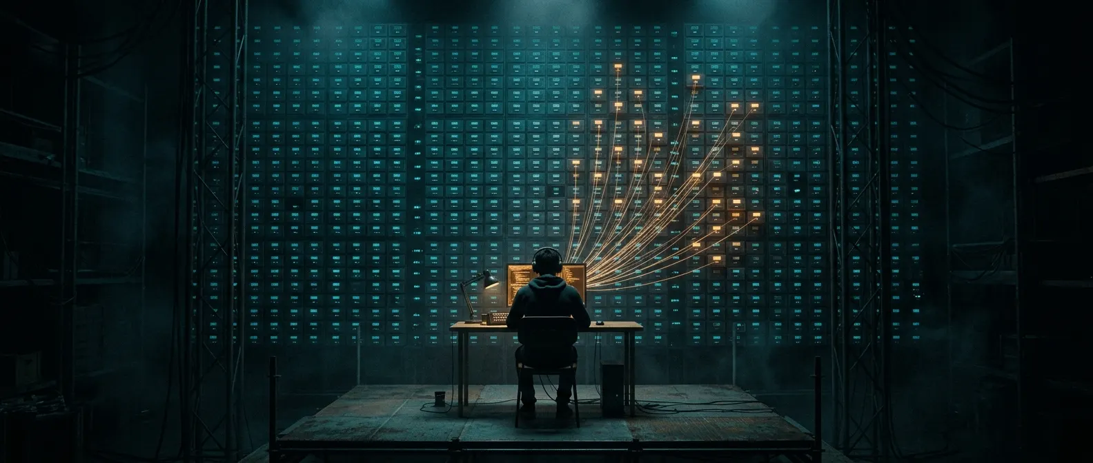 A developer at a terminal faces a vast dark wall of thousands of tiny memory drawers. A handful glow amber, connected by threads of light that converge into the developer's screen.