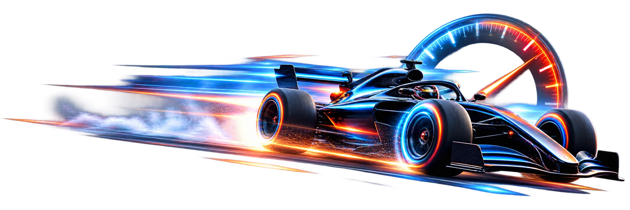 A race car at full sprint with light trails, beside a glowing speedometer.
